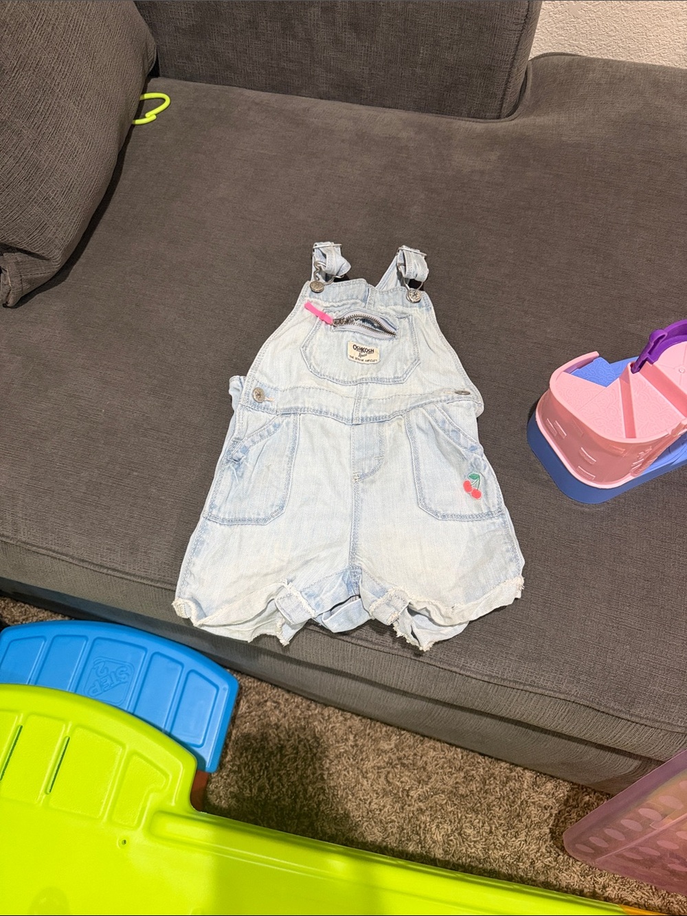 OshKosh B'gosh Light Blue Denim Shortall Overalls with Cherry Accent 18-24 month